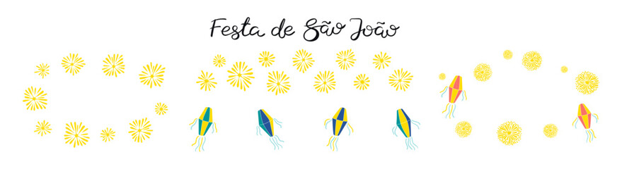 Fototapeta na wymiar Festa Junina design elements set, lanterns, fireworks borders, frames with copy space, isolated. Hand drawn vector illustration. Traditional Brazilian holiday, Saint John festival, party, carnival