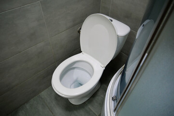 Toilet room interior with white toilet bowl, shower cabin, grey wall tiles