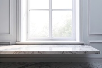 serene marble bench placed in front of a panoramic window with a view. Generative AI
