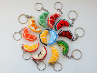 Colorful key chains on a white