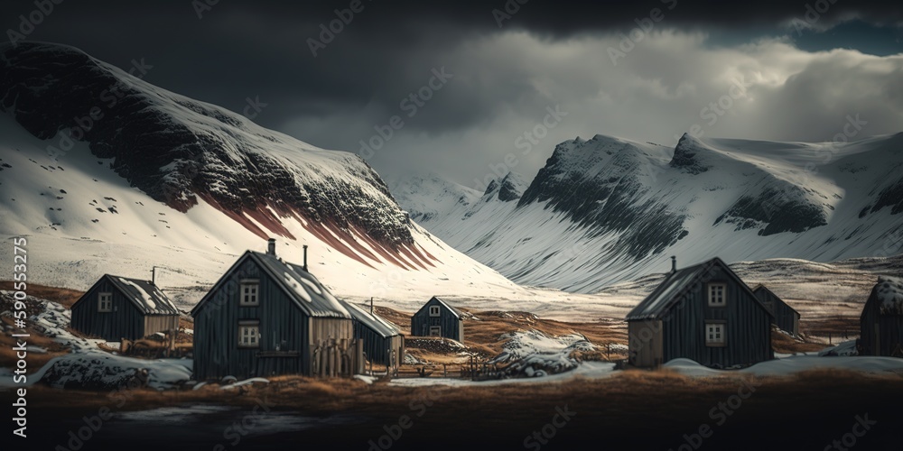 Poster we see a wide image of several log cottages in the mountains, which are blanketed in snow and surrou