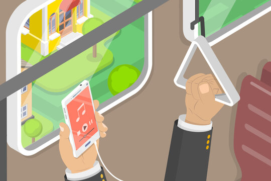3D Isometric Flat Vector Conceptual Illustration of Using a Smartphone in a Public Transport, Inside an Urban Vehicle