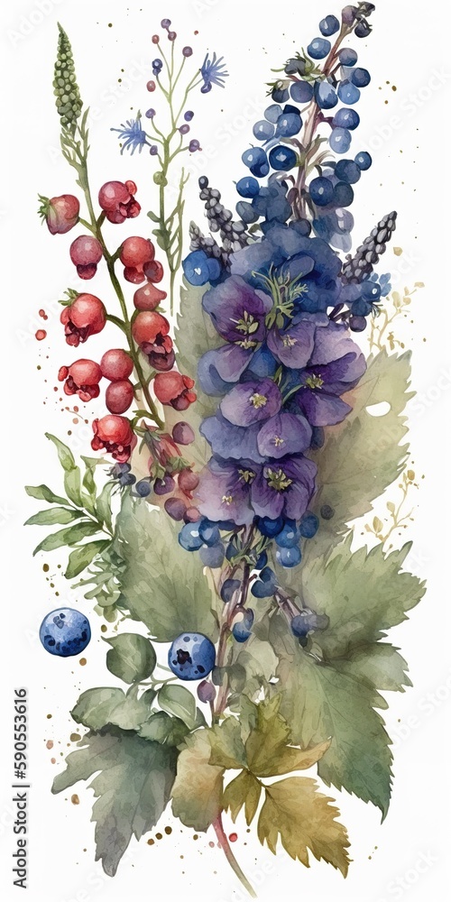Poster image of a bouquet with delphinium flowers and berries generative ai