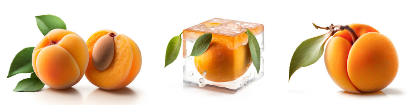 Peach on a white background. A set of juicy ripe peaches with leaves and frozen in an ice cube on a white background. Generative AI
