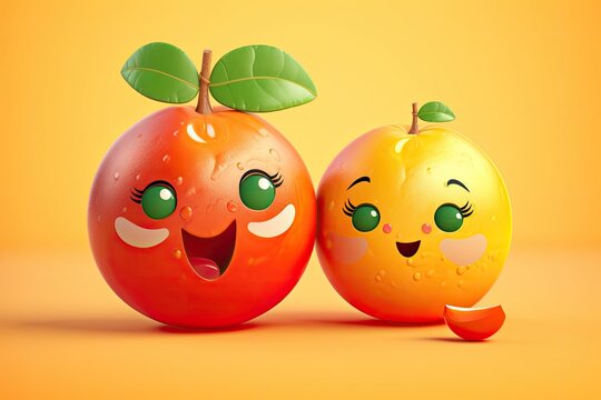 two oranges with expressive painted faces. Generative AI
