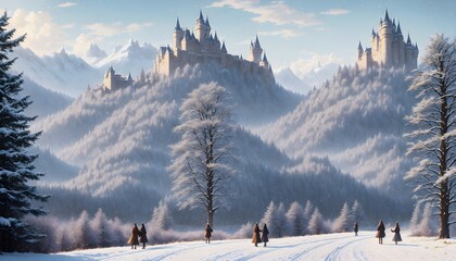A picturesque castle in a snow-covered forest. Castles in the mountains, thick snowy forest. Middle castle in the snowy mountains, art. Generative AI