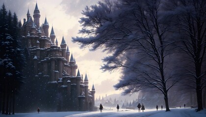 A picturesque castle in a snow-covered forest. Castles in the mountains, thick snowy forest. Middle castle in the snowy mountains, art. Generative AI