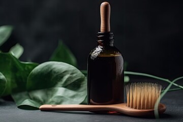 wooden brush and a bottle of essential oils for aromatherapy. Generative AI