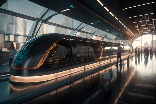 The Future of Transportation: Futuristic Hyperloop Train Station, Sleek Design, and Eager Passengers.
Generative AI