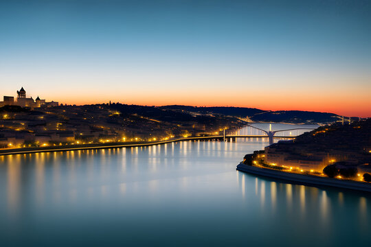 Night photography of Toledo with the sky full of stars and the city illuminated by the Tagus River.