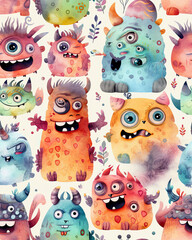 Fototapeta premium Seamless Background for your Design with Different Cartoon Monsters, Colorful Tile Pattern with Cute Funny Characters. AI generated image.