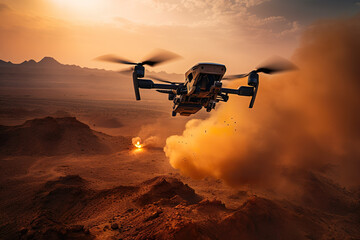 Fototapeta na wymiar Cutting-Edge Warfare: AI-Driven Drones Conduct Coordinated Reconnaissance in Conflict Zone. Generative A