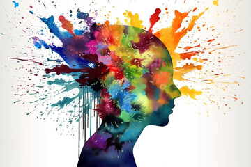 Celebrating Autism Awareness Day and neurodiversity with art therapy depicted through a woman's head embellished with a burst of vivid colors, representing artistic expression - obrazy, fototapety, plakaty
