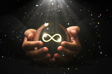 Infinity love Mag Glass ball fortune teller, abundance manifestation concepts. Hand holding virtual...