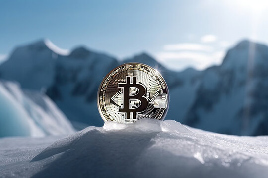 Ice bitcoin on top of mountain. Cryptocurrency and business concept