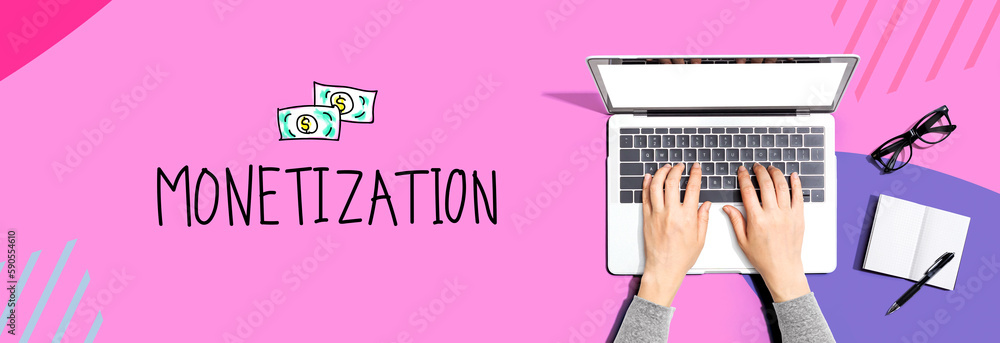 Poster monetization with person using a laptop computer