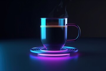 A futuristic purple cup of coffee with foam on a glass table. Purple neon lights. Futuristic design. Generative AI.