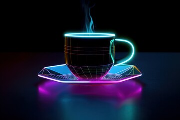 A futuristic dark cup of coffee on a glass table. Purple neon lights. Futuristic design. Generative AI.