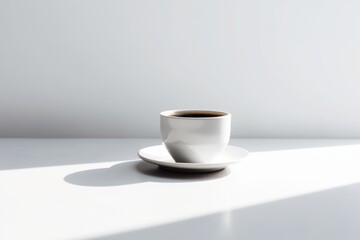 A classic white ceramic cup of coffee on a clean white table against clean background. Generative AI.