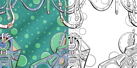Background in colored cartoon and line doodle style. Alien landscape, space and spaceship.