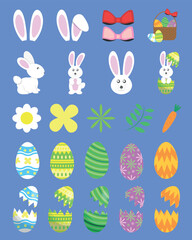 Easter Icons Rabbit, Ears, Flowers, Leafs, Carrot, Ribbons, Eggs and Hatched Eggs