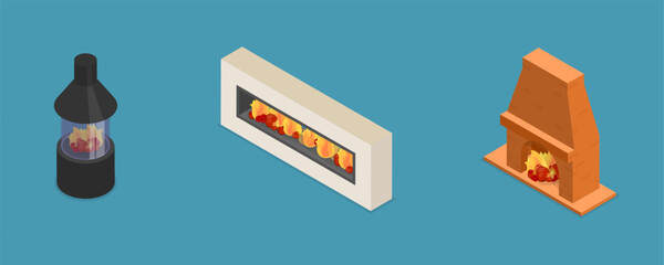 3D Isometric Flat Vector Set of Fireplaces, Firewood Heat Systems