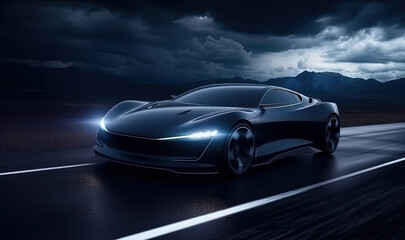 Obraz na płótnie Canvas Futuristic sports car on drak dramatic cloudy environment. Car riding on high speed in the night