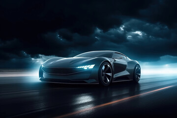 Fototapeta na wymiar Futuristic sports car on drak dramatic cloudy environment. Car riding on high speed in the night