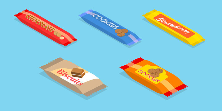 3D Isometric Flat Vector Set of Snack Packages, Chocolate and Biscuit