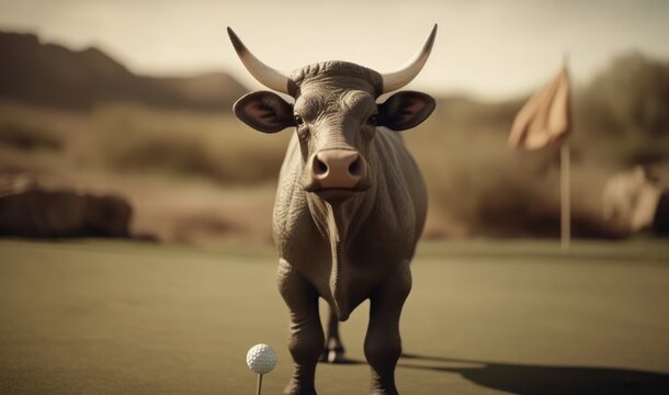 Bull Pro Golfer On Golf Course Golfing At Sunrise Generative AI