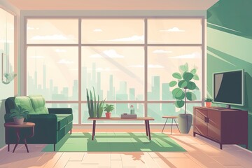 modern living room with comfortable furniture and a large flat screen TV. Generative AI