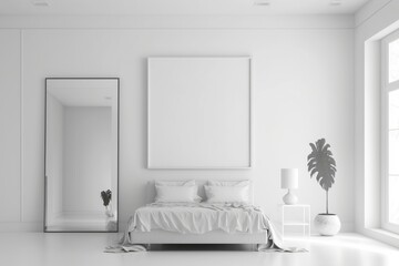 Minimal bedroom wall mock up with wooden side table on wooden floor. 3d illustration, Generative AI