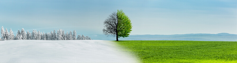 Fototapeta na wymiar Jahreszeitenwechsel von Winterlandschaft zu Sommerlandschaft