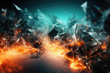 studio photography of a burning ice crystal and smoke in black reflective back