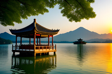 Beautiful Hangzhou West Lake and ancient pavilion architectural scenery at sunset