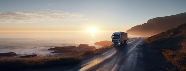 Truck on the road with sunset above the sea at background. Delivery, transport concepts. Created using generative AI tools