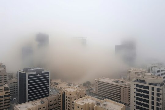 City's skyline is barely visible through the thick cloud of dust. Generative AI