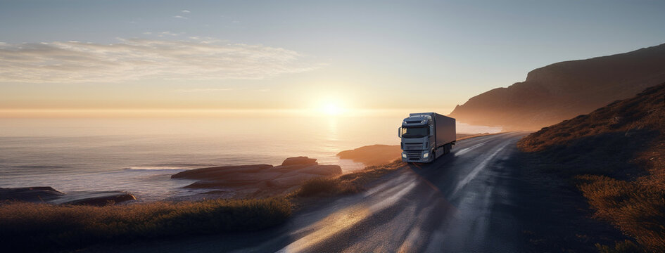 Truck on the road with sunset above the sea at background. Delivery, transport concepts. Created using generative AI tools