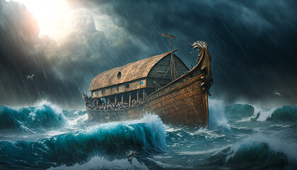 Noah ark in a stormy sea . .Ai generated illustraion - 590556419