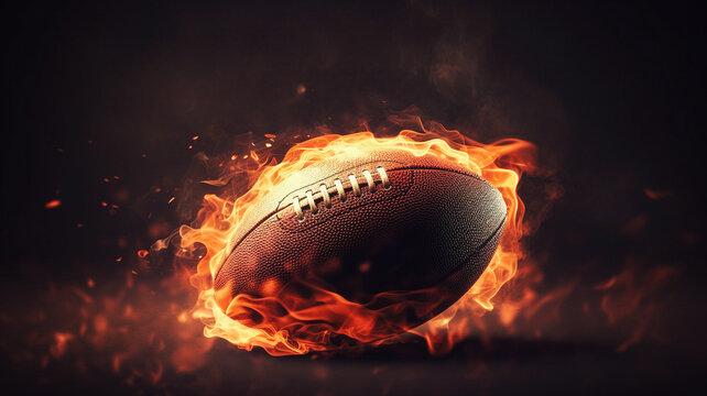 American football ball  in a burning fire flame. AI generated illustration