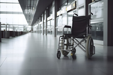 wheelchair in hospital corridor, ai generative