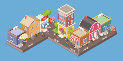 Obraz premium 3D Isometric Flat Vector Conceptual Illustration of Urban Life, Street Cafes and Restaurans Old City