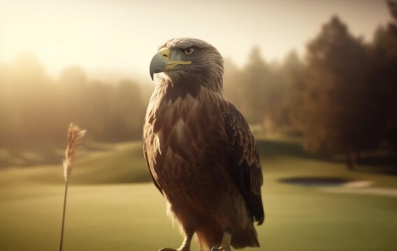 Eagle Golf Player On Golf Green Putting At Sunset Generative AI