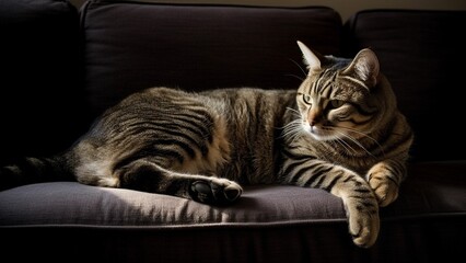Couch Potato Purrfect: A Contented Tabby Cat Relaxing on the Sofa