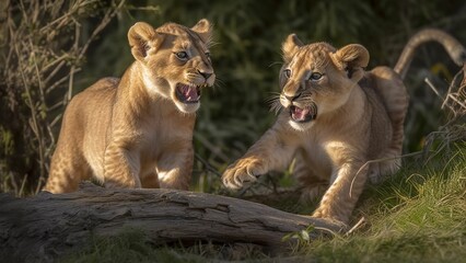 Naklejka na ściany i meble Playful Lion Cubs: A Lively Pair of Young Lions Engaging in Games