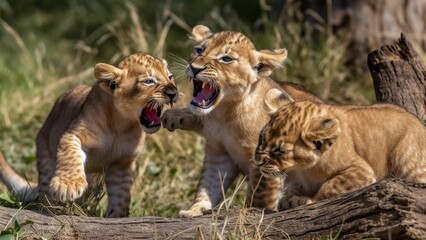 Playful Lion Cubs: A Lively Pair of Young Lions Engaging in Games