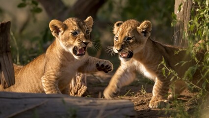 Fototapeta na wymiar Playful Lion Cubs: A Lively Pair of Young Lions Engaging in Games