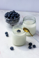 Homemade yogurt with blueberries. Yogurt in jars on a white background