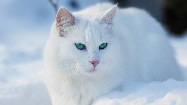 Frosty Beauty: A Stunning White Cat with Mesmerizing Blue Eyes in the Snow