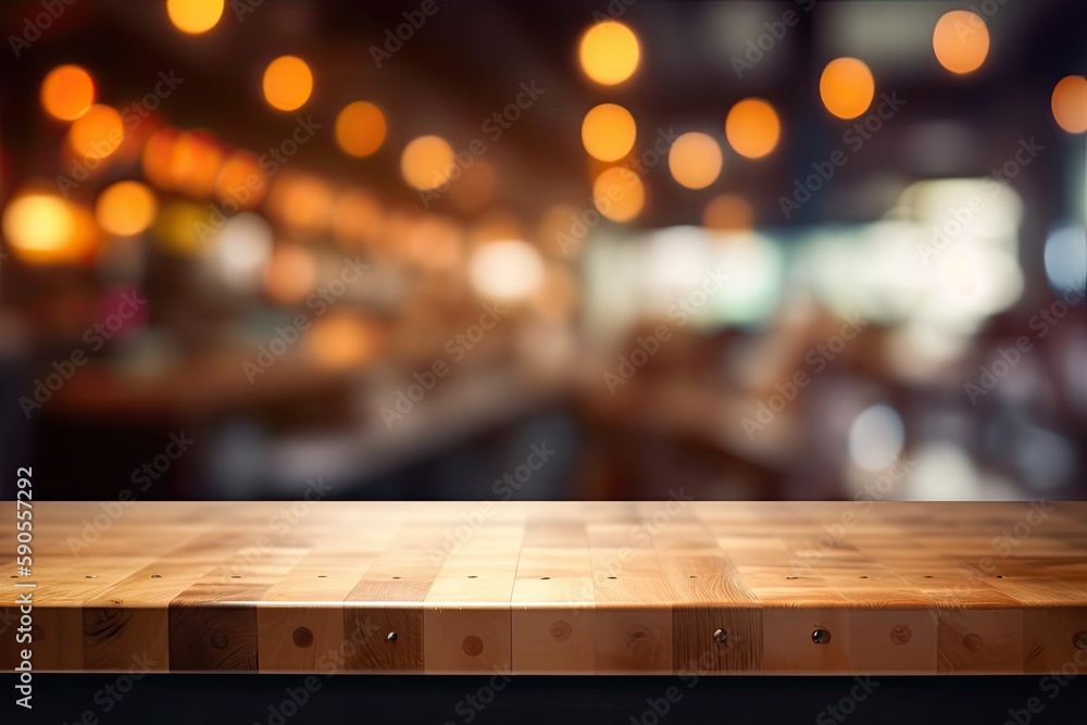 Poster wooden table top with bokeh lights in the background. generative ai